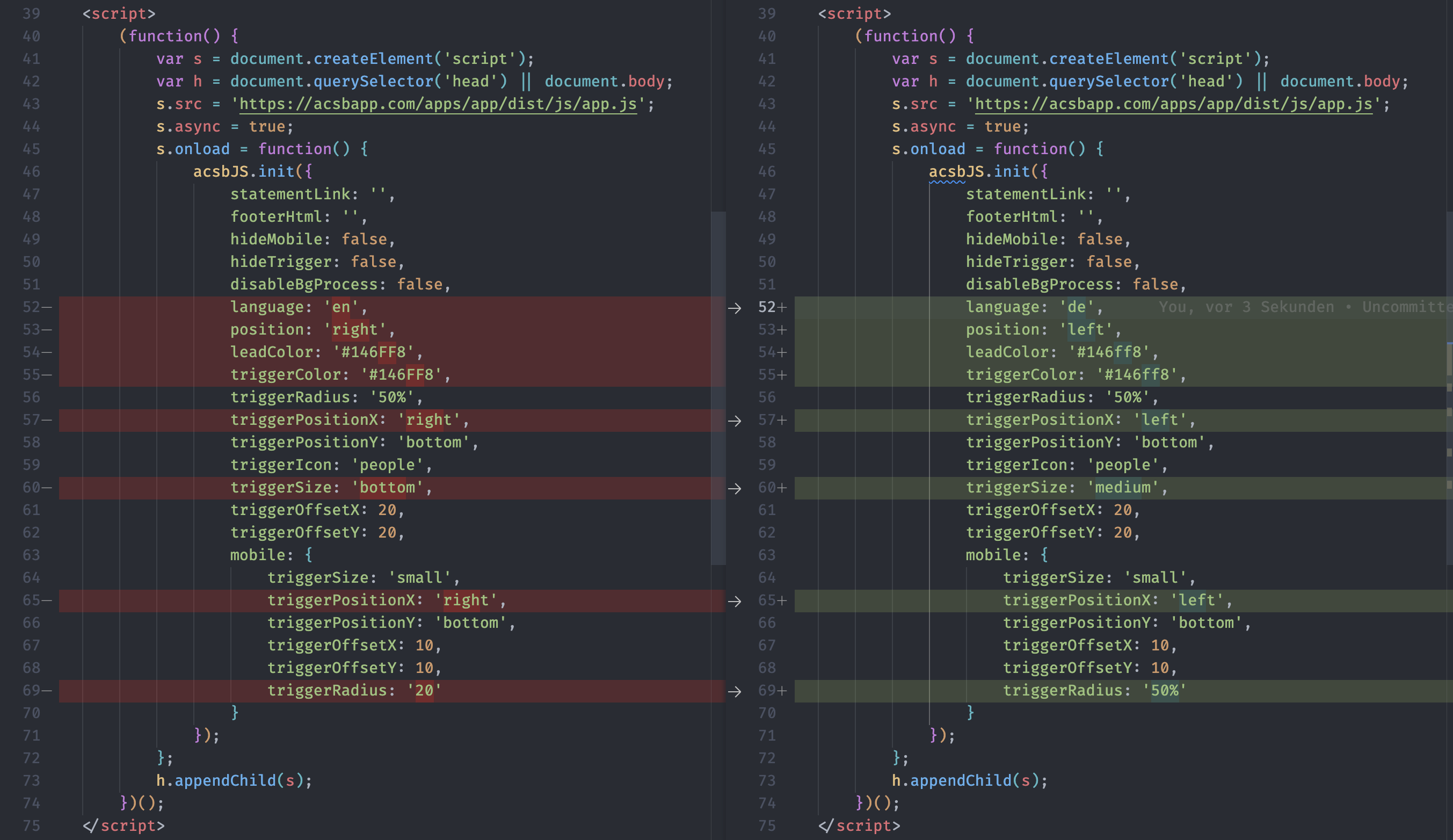 A screenshot of JavaScript code displaying changes made within it. Things that were changed include: setting the language from english to german, changing the position from right to left and adapting colors and sizes.