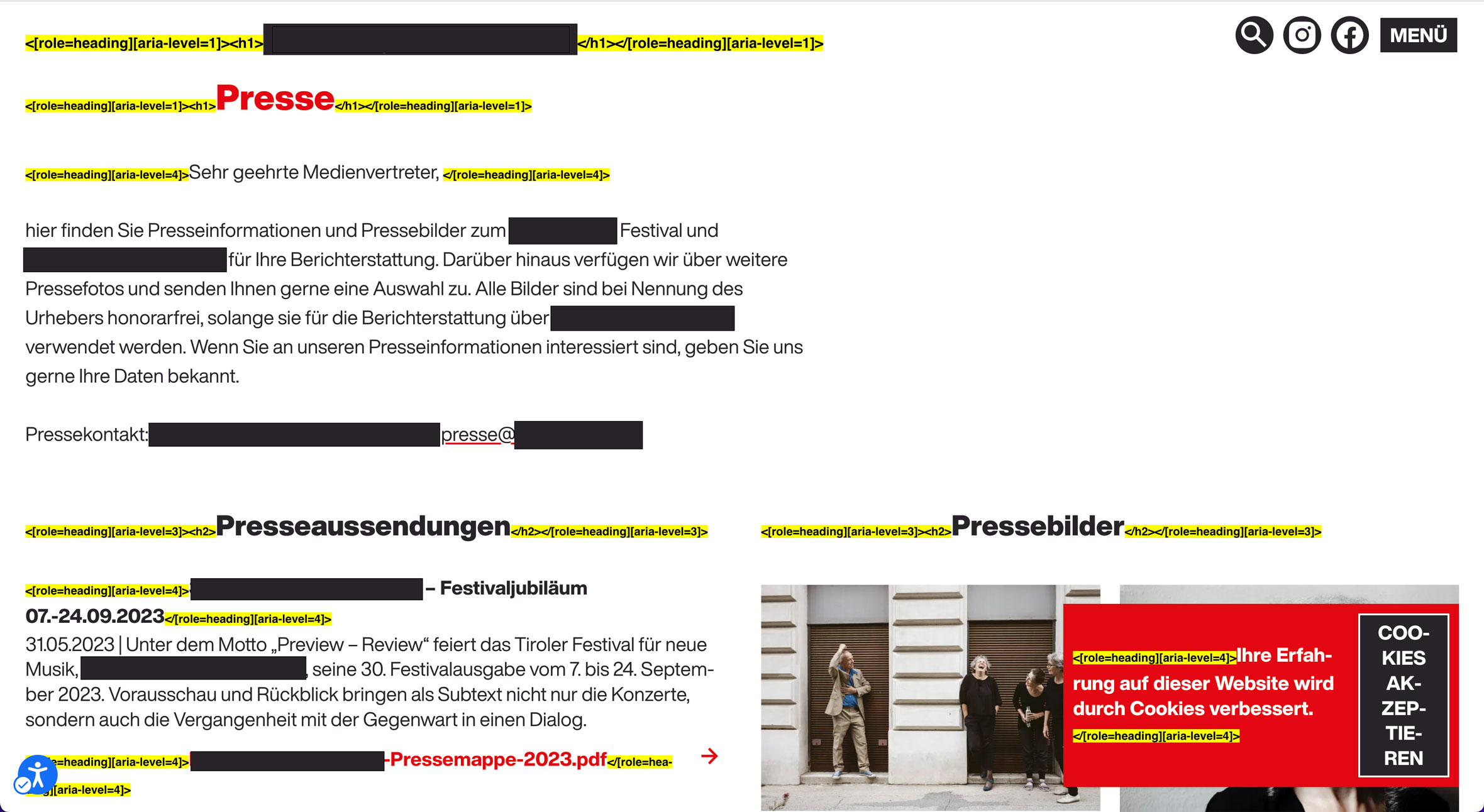 A screenshot of the selected website's press page displaying text in German and the website code behind it. The example shows that headings were created from HTML elements that should not have been used as such (for example just bold text within a paragraph). In addition, heading levels are skipped. The structure lacks logical sense and is potentially confusing for users.