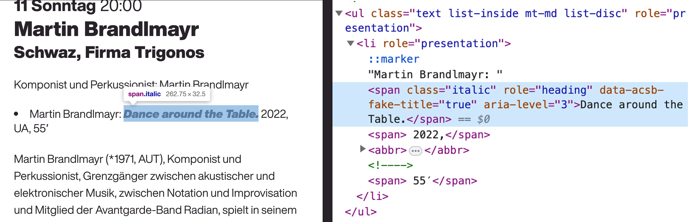 A screenshot of the selected website on the left and its HTML code on the right. It is shown that a bold and italic <span> element are turned into a heading level three, with the help of ARIA. This heading now interrupts the sentence flow within the list element (<li>).