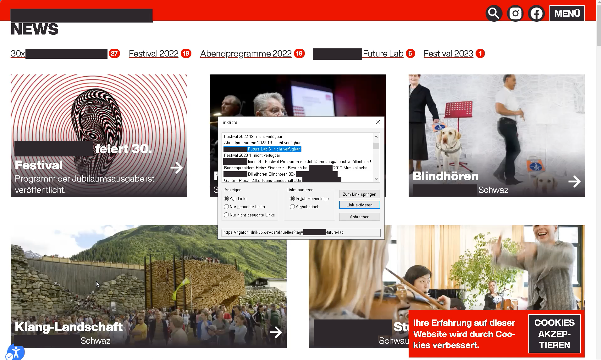 A screenshot of the selected websites 'news' page showing filter options presented in a horizontal line with red underlining and space between them. In the middle of the picture, there is an overflowing grey box that displays the text being read by the screen reader to the user.