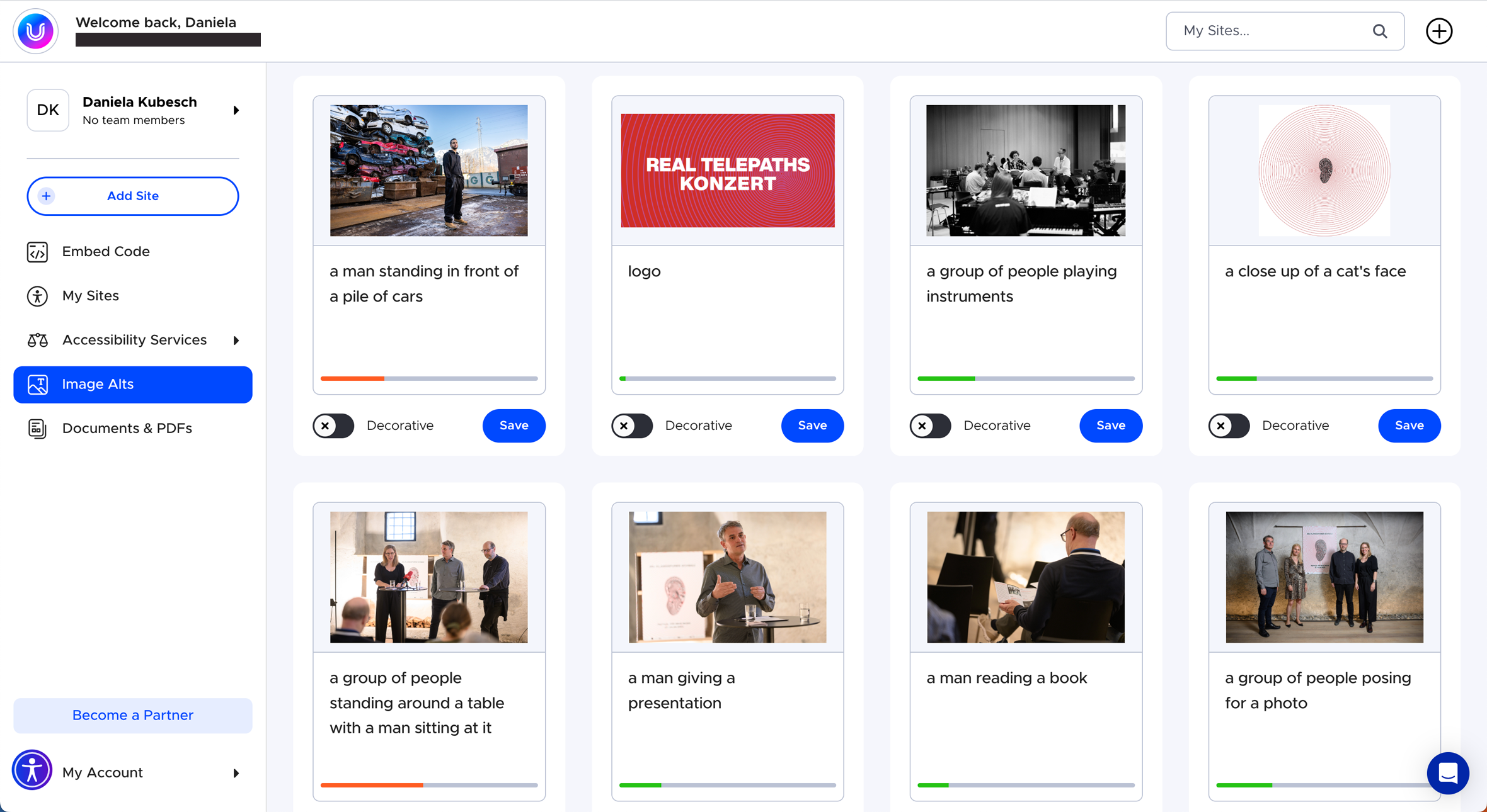 A screenshot of the UserWay admin dashboard showing automatically generated alternative texts, written by the UserWay AI.
      Image 1: 'a man standing in front of a pile of cars'.
      Image 2: 'logo' (in reality, the text 'real telepathis konzert' is displayed).
      Image 3: 'a group of peaple playing instruments'.
      Image 4: 'a close up of a cat's face' (in reality, a black-and-white illustration of a human ear surrounded by red circles is displayed).
      Image 5: 'a group of people standing around a table with a man sitting at it (in reality it is three people on a stage in front of an audience).
      Image 6: 'a man giving a presentation'.
      Image 7: 'a man reading a book'.
      Image 8: 'a group of people posing for a photo'.
